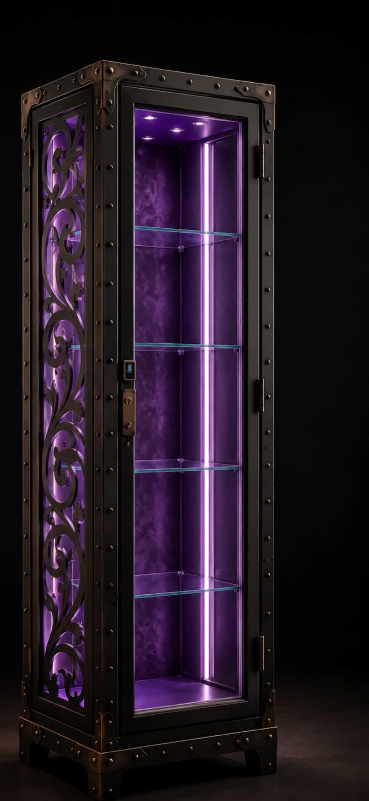 Vitrine-coffre de collection sur mesure d’Atelier Freyja SA, structure acier renforcé et éclairage intégré
